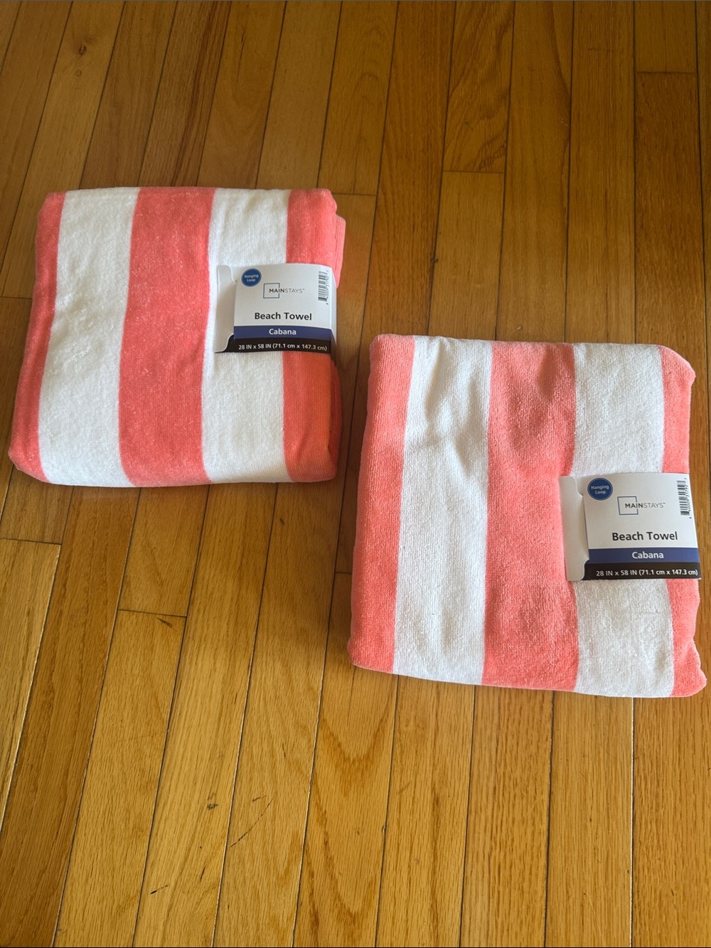Mainstays Cabana Stripe Beach Towels - Coral and White Pair with Hanging Loop